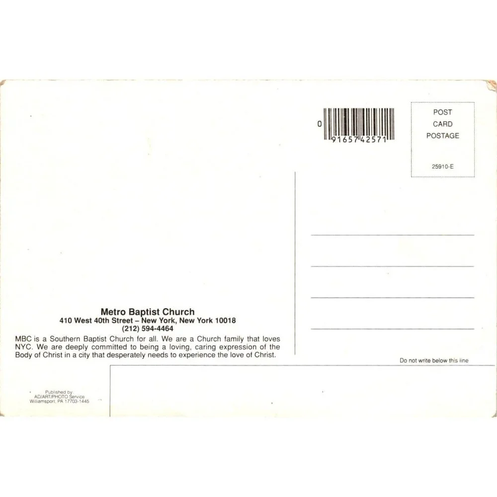 Metro Baptist Church New York City Postcards Travel Souvenir Unposted Southern